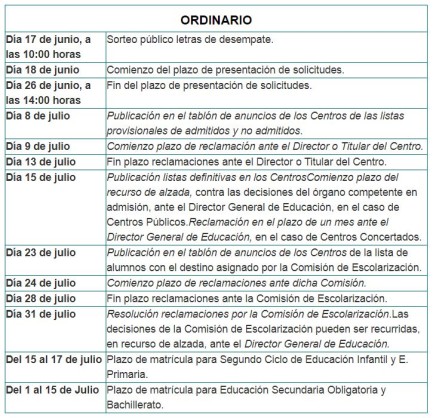 Calendario escolarizacion Segundo Ciclo de Educacion Infantil, Primaria, ESO y Bachillerato curso 2020-2021